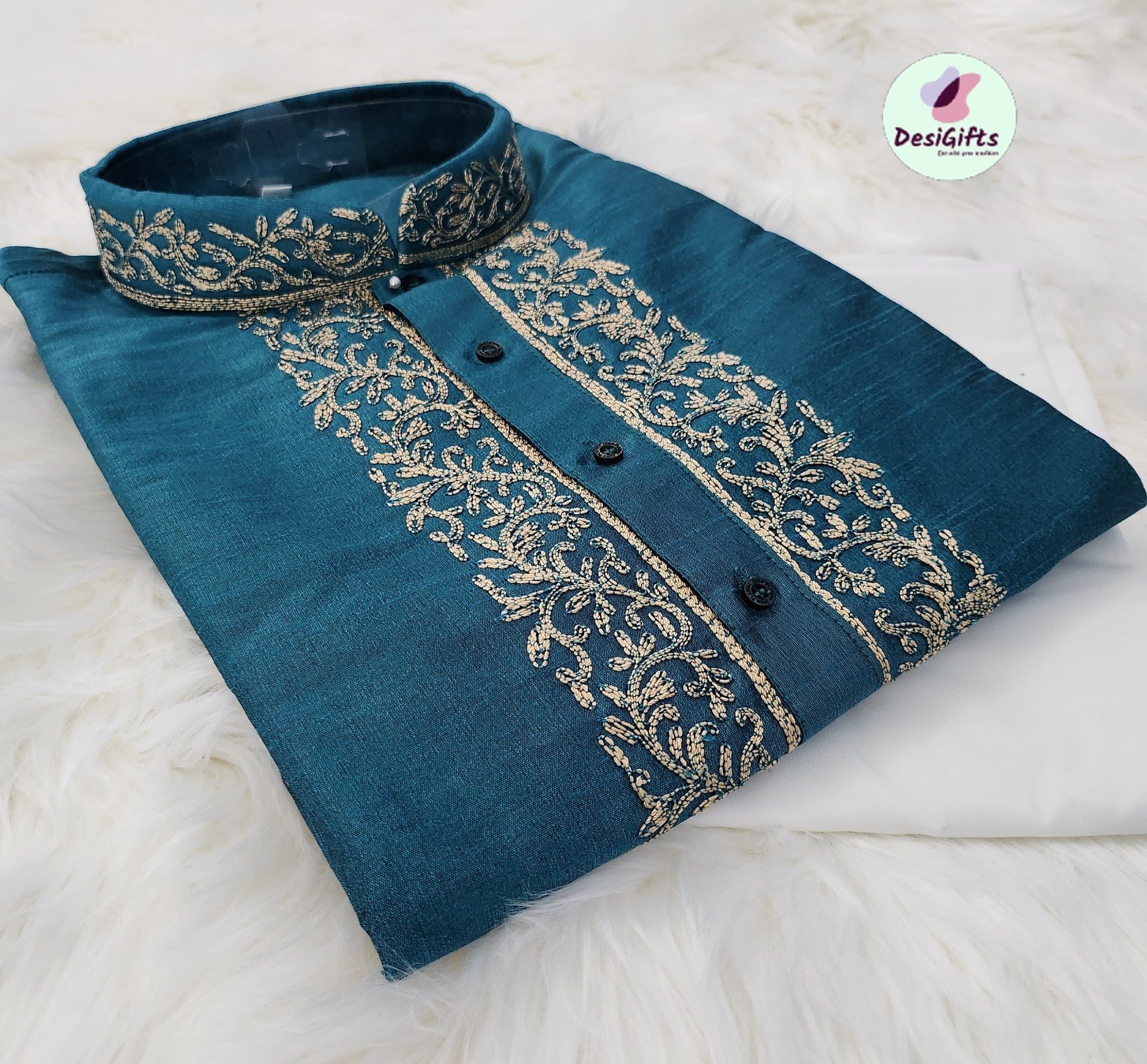 Comfy Steel Blue Shade Embroidered Silk Kurta Pajama Set, DM - 1023