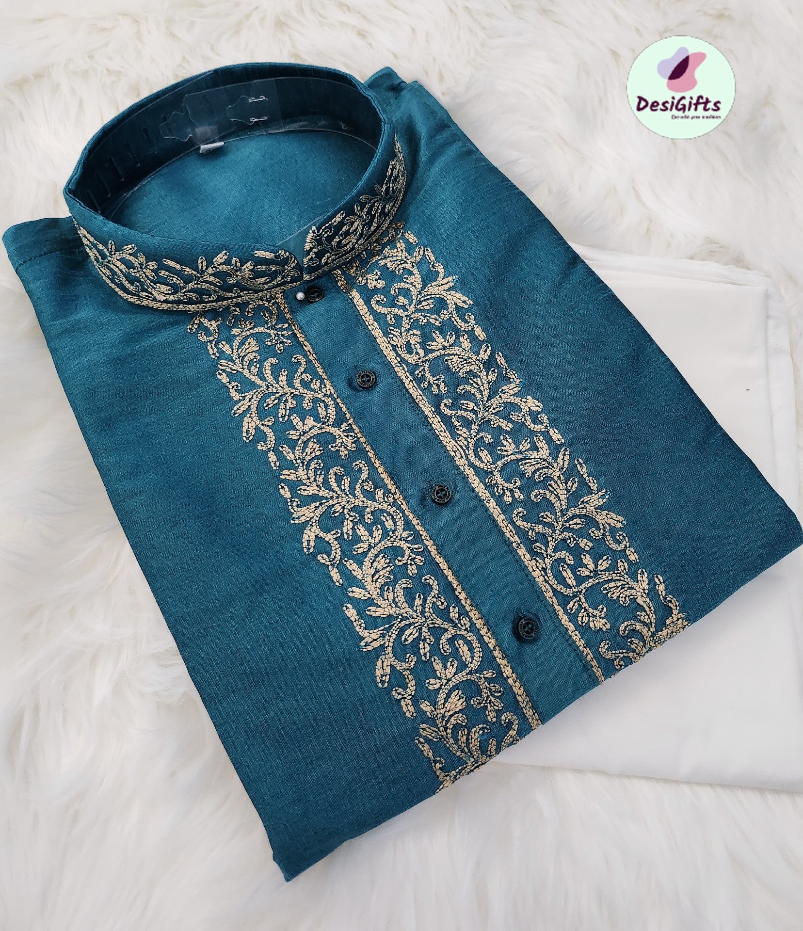 Comfy Steel Blue Shade Embroidered Silk Kurta Pajama Set, Father and Son matching outfit, DM - 1023