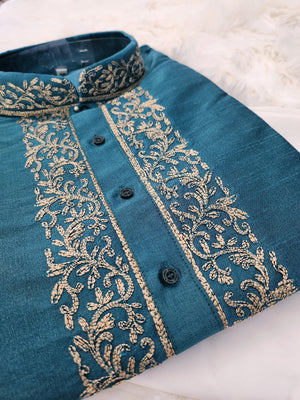 Comfy Steel Blue Shade Embroidered Silk Kurta Pajama Set, Father and Son matching outfit, DM - 1023