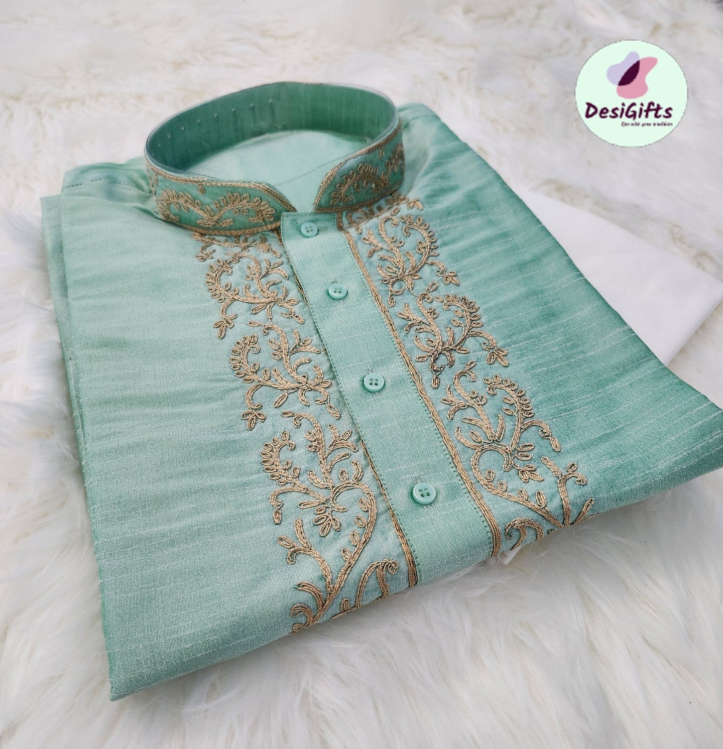 Pistachio Green Shade Embroidered Silk Kurta Pajama Set, DM - 1025