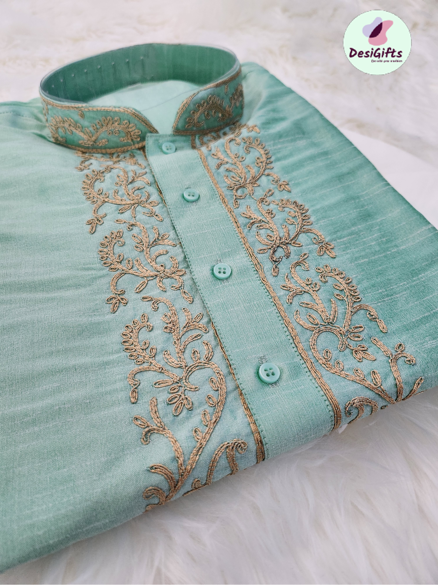 Size 46 Pistachio Green Shade Embroidered Silk Kurta Pajama Set, DM - 1025