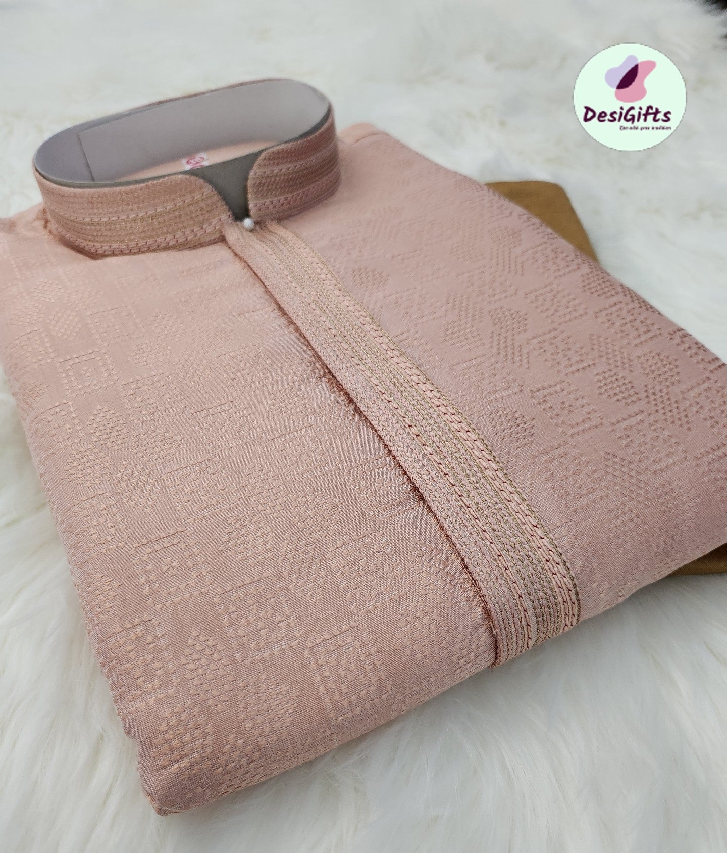 Size 48, Banarasi Jacquard Silk in Salmon Shade  Kurta Pajama Set, Design KPS# 1024