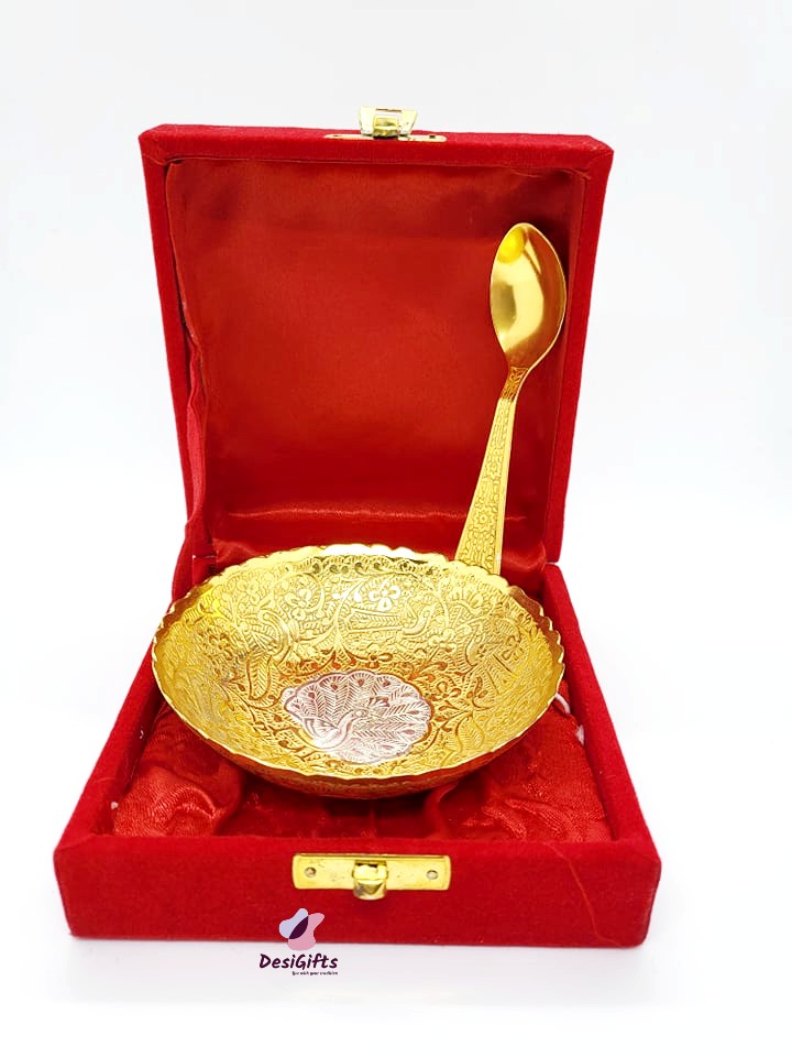 Gold Plated 4 Inches Dry Fruit Bowl & Spoon Set, DFB#216