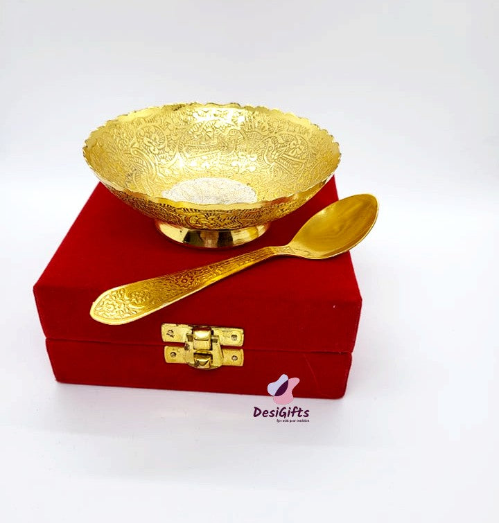 Gold Plated 4 Inches Dry Fruit Bowl & Spoon Set, DFB#216