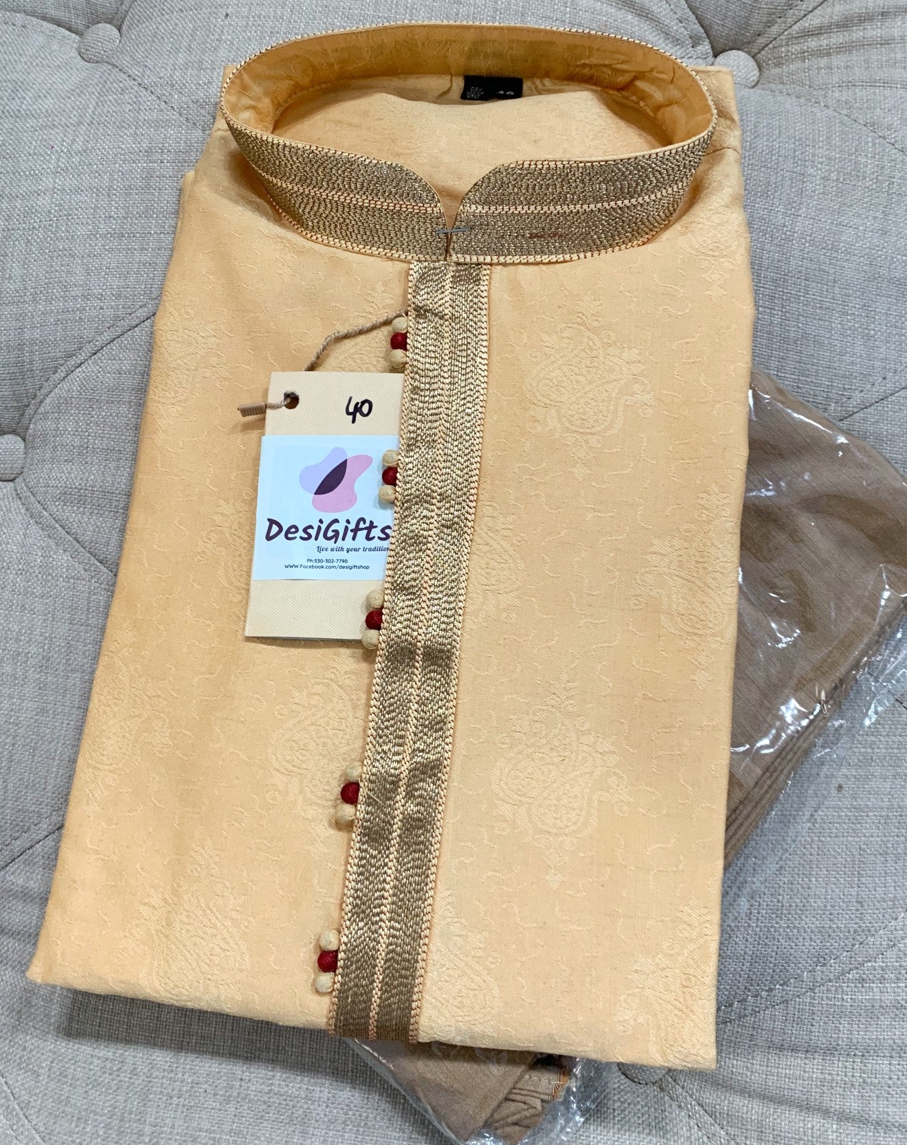 Size 38 Eggnog Yellow Kurta Pajama Set-Cotton Silk Design KPS# EGNS 241