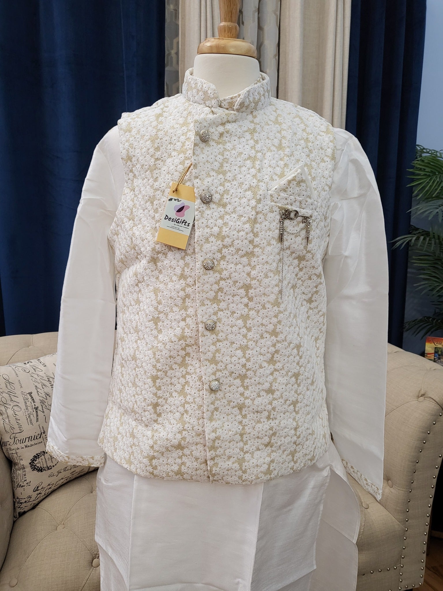 3 Piece Kurta Pajama with Jacket Set, Men's Kurta set with Beige White Embroidered Jacket, Festive & Party Wear, KPJ - 2060