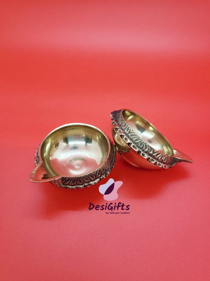 Brass Engraved Oil Diya, Set of 2, ODB#204