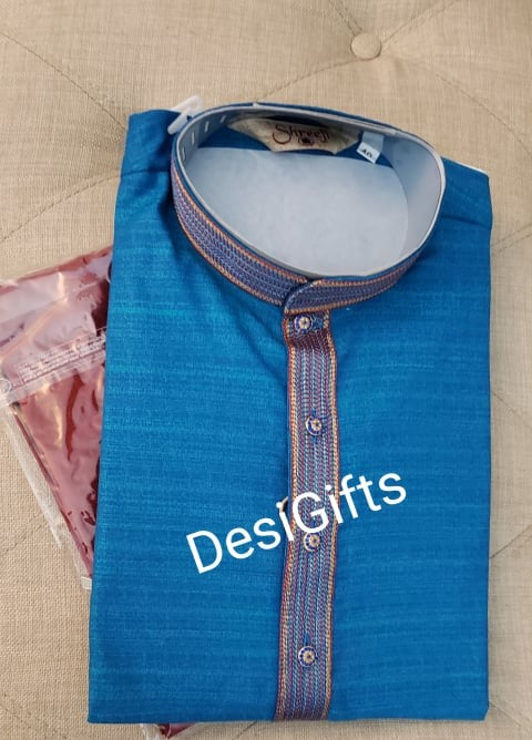 Size 38 Lapis Blue Shade Kurta Pajama Set-Cotton Silk Design KPS# LBSS 313