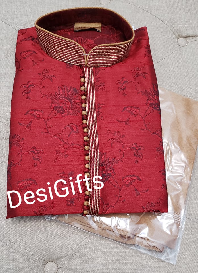 Size 38 Maroon Kurta Pajama Set-Cotton Silk Design KPS# MRNS 251