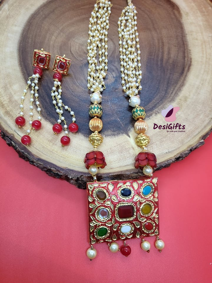 Apple Red Takkar Style Pendant With Pearls Necklace Set, NKT#334