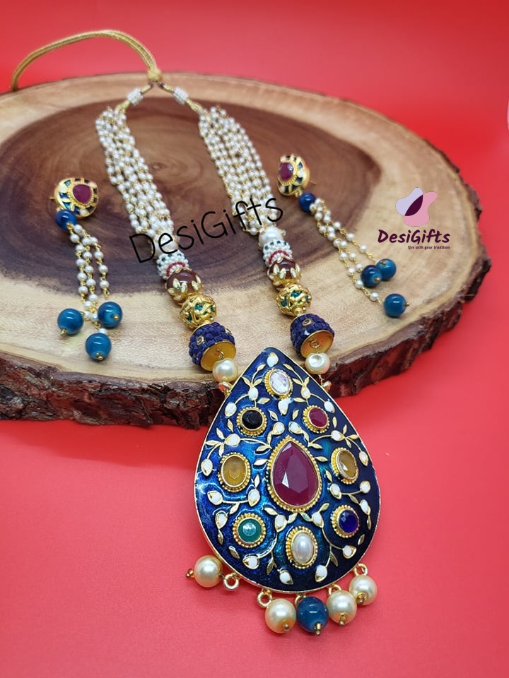 Admiral Blue Takkar Style Pendant With Pearls Necklace Set, NKT#335
