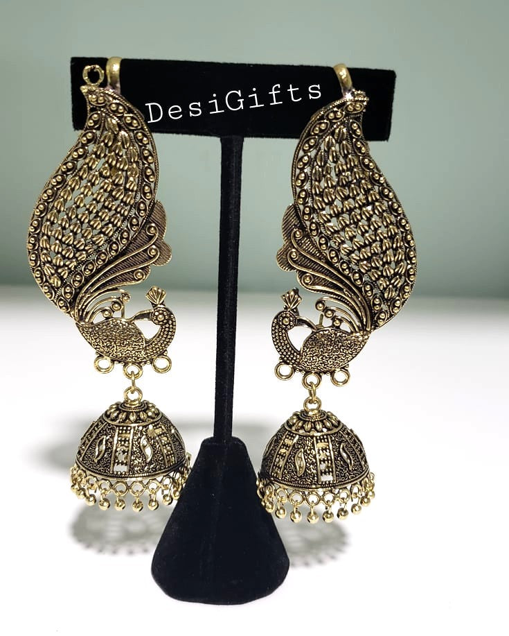 Oxidized Golden Peacock Jhumka Earrings, ER# 426