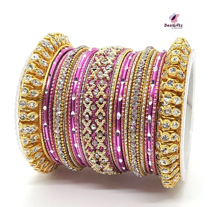 Magenta Shade Bangles Set With Golden Kada, Size 2.8 & 2.10, BGL#442