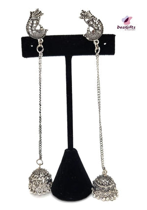 Oxidized German Silver Long Chain hanging Peacock Jhumka Earrings, ER#472