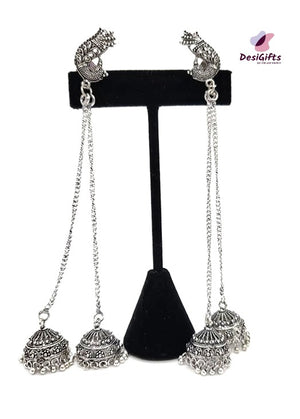 Oxidized German Silver Long 2 Chains hanging Peacock Jhumka Earrings, ER# 473