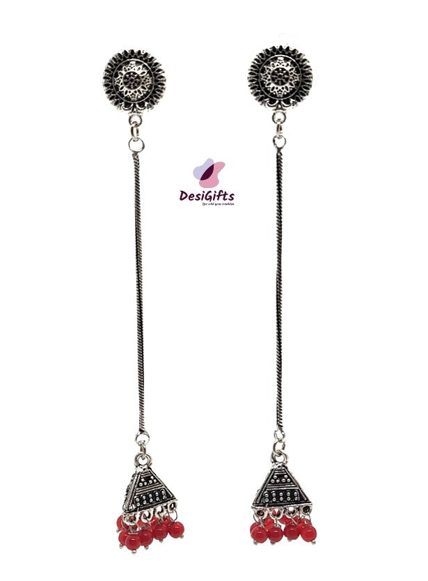 Oxidized German Silver Long Chain hanging Jhumka Earrings, Multiple Colors, ER#435