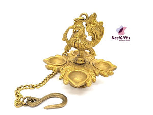 Brass Peacock Hanging Diya Lamp – 3 Wick Oil Lamp for Temple, Pooja & Home Décor, HGDB - 337