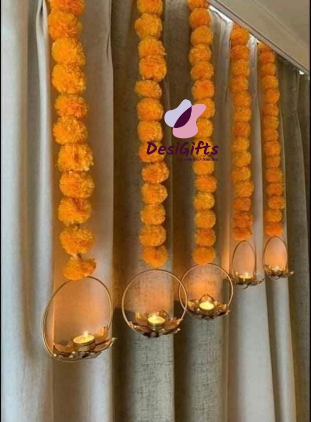 Flower Marigold String With Brass Tealight Candle Holder, FSCH - 325