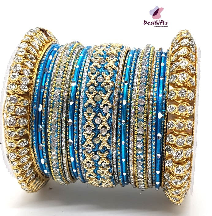 Blue Shade Bangles Set With Golden Kada, Size 2.8 & 2.10, BGL#443