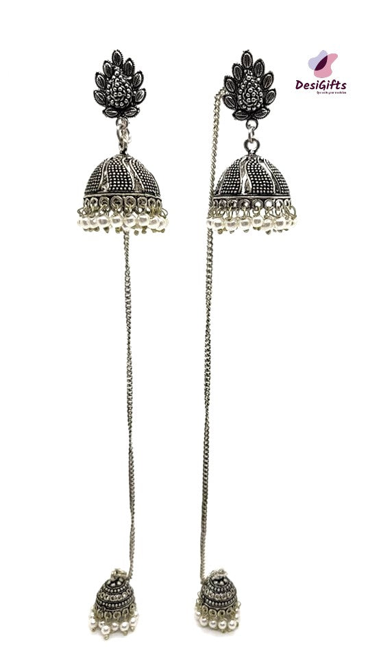 Oxidized Silver Jhumki with Long Chain Jhumka Earrings, ER#436