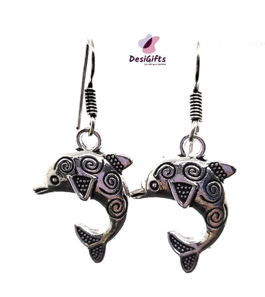 Oxidized German Silver Dolphin Shaped Dangle Earrings, ER#438