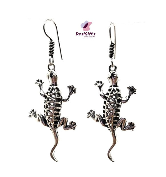 Oxidized German Silver Lizard Shaped Dangle Earrings, ER#437