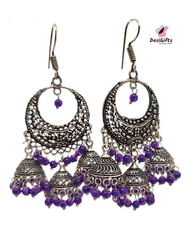 Oxidized German Silver Triple Jhumka Earrings, Multiple Colors, ER#482