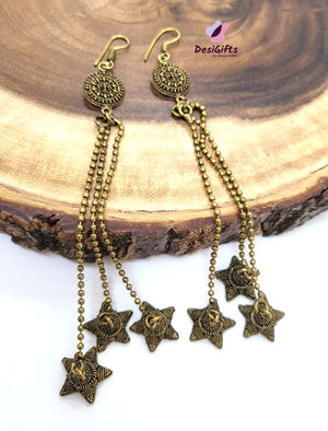 Oxidized Golden Triple Chain Star Jhumka Earrings, ER# 484