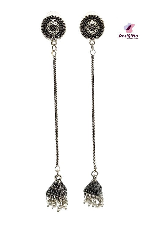 Oxidized German Silver Long Chain hanging Jhumka Earrings, Multiple Colors, ER#435