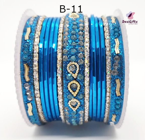 Different Shades of Blue Bangles Stone Studded Set in Size 2.4", BGL# 449