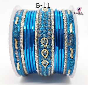 Different Shades of Blue Bangles Stone Studded Set in Size 2.4", BGL# 449