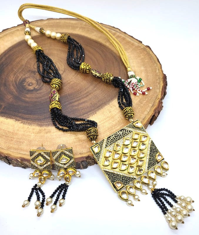 Black & Golden Kundan Meenakari Necklace Set, NKT#417