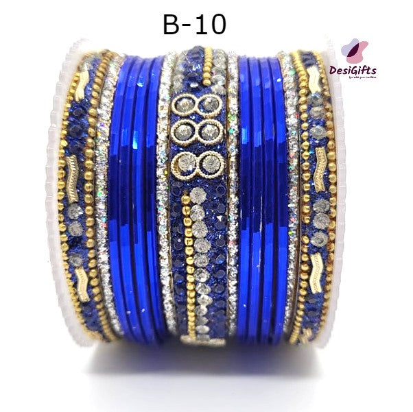 Different Shades of Blue Bangles Stone Studded Set in Size 2.4", BGL# 449