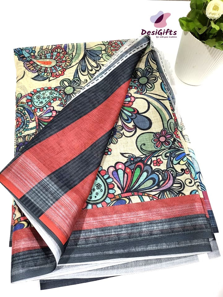 Digital Print Cotton Saree with Zari Silver Boarder, Design SARI# 400