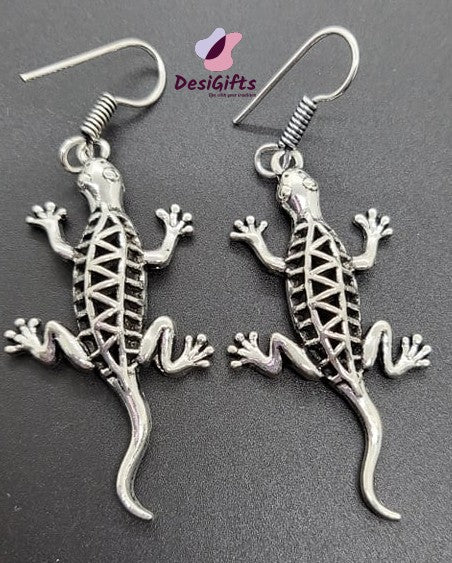 Oxidized German Silver Lizard Shaped Dangle Earrings, ER#437