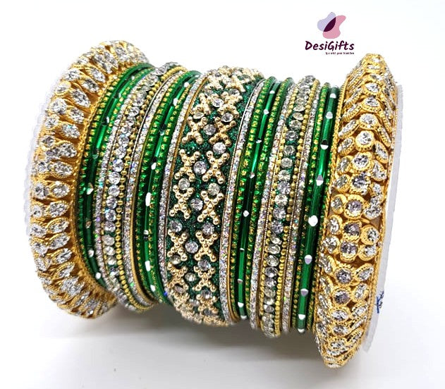 Green Shade Bangles Set With Golden Kada, Size 2.8 & 2.10, BGL# 447