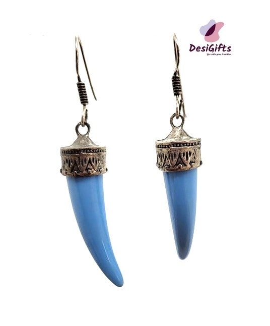Tusk Shape Quartz Stone in Oxidized Silver Earrings, ER#487