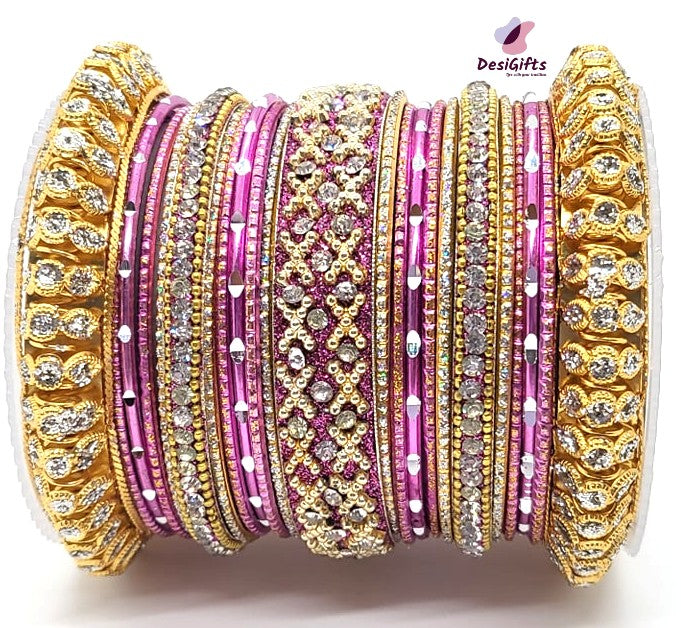 Magenta Shade Bangles Set With Golden Kada, Size 2.8 & 2.10, BGL#442