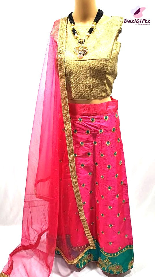 Hot Pink & Teal Green Silk Lehenga Party Wear, Design LHG # 470