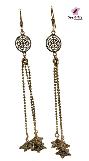 Oxidized Golden Triple Chain Star Jhumka Earrings, ER# 484