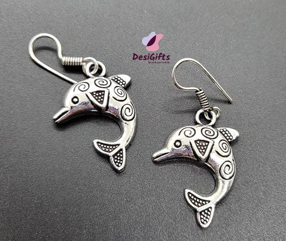 Oxidized German Silver Dolphin Shaped Dangle Earrings, ER#438