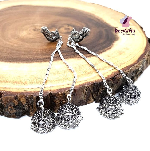 Oxidized German Silver Long 2 Chains hanging Peacock Jhumka Earrings, ER# 473