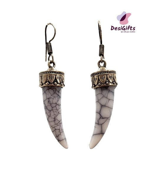 Tusk Shape Quartz Stone in Oxidized Silver Earrings, ER#487