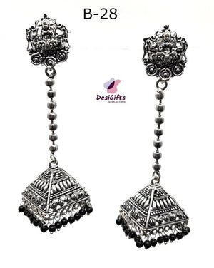 Oxidized German Silver Long Chain hanging Jhumka Earrings, Multiple Colors, ER#434