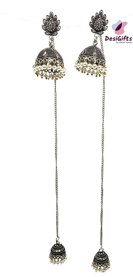 Oxidized German Silver 8" long Hanging  Up & Down Jhumka Earrings, ER#474