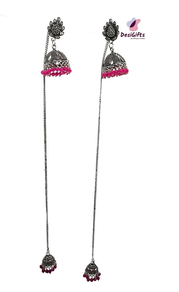 Oxidized German Silver 8" long Hanging  Up & Down Jhumka Earrings, ER#474