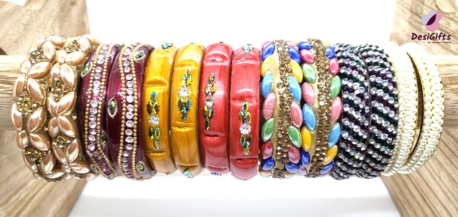 7 Pairs of Stone Studded Colorful Kangan Sets, Size 2.8", BGL#503