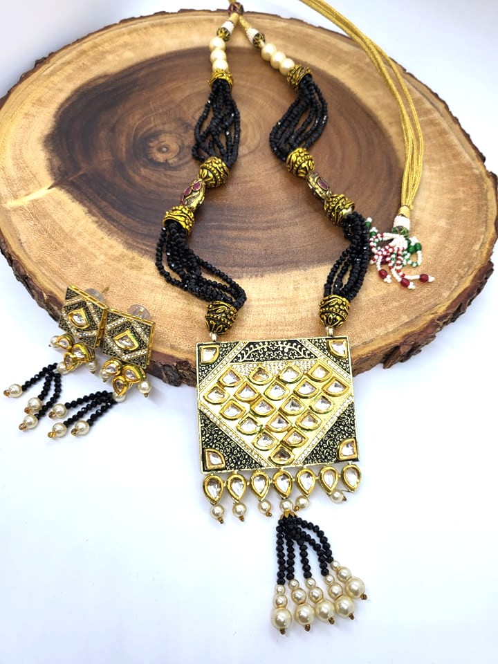 Black & Golden Kundan Meenakari Necklace Set, NKT#417