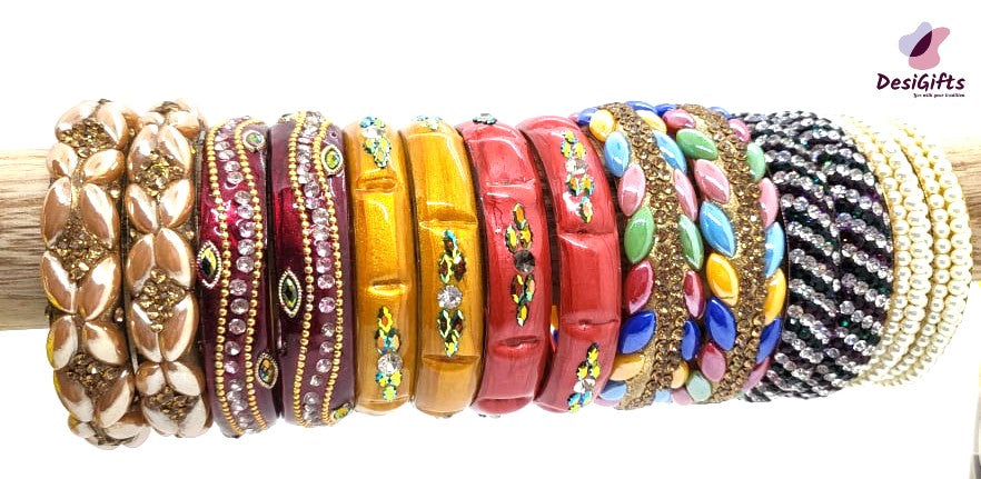 7 Pairs of Stone Studded Colorful Kangan Sets, Size 2.8", BGL#503