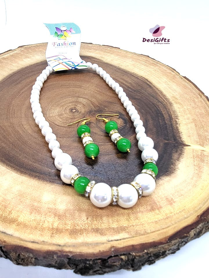 Ethnic Pearl Jaipuri String Necklace & Earrings Set, NKT#509